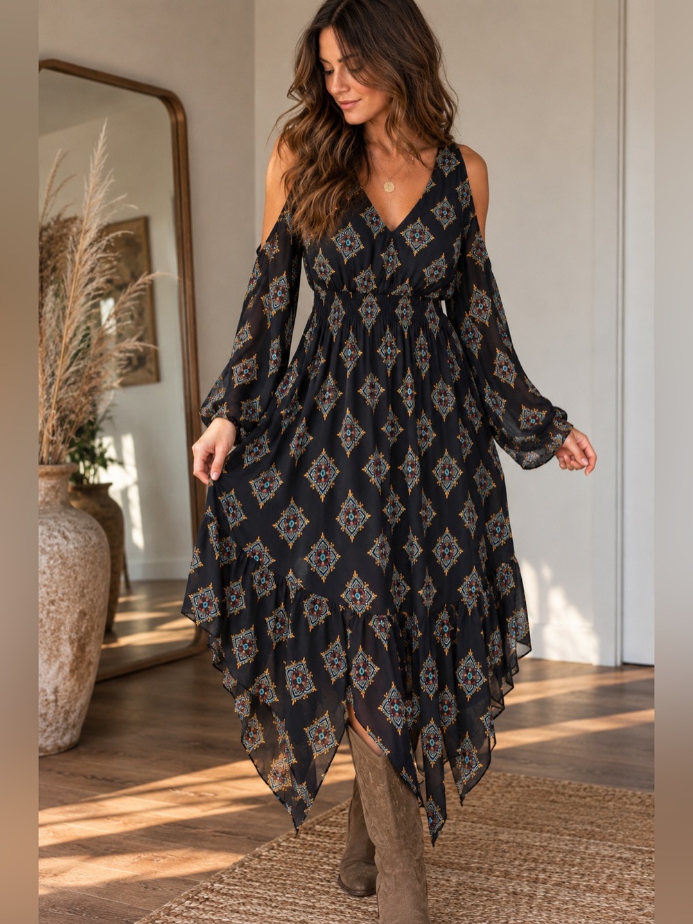 Adam Levine Collection Boho Cold Shoulder Printed Dress Size L
